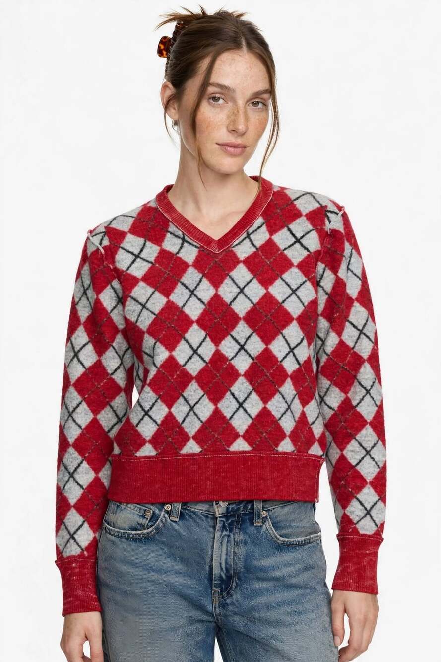 Vintage Y2K Juicy Couture Wool Argyle Sweater Women XL Red Gray Cropped